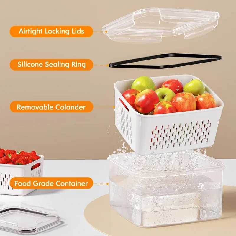 5-Pack Refrigerator Organizer Containers, Stackable Food Storage Bins with Removable Drain Colanders, BPA-Free Fresh-Keeping Containers for Fruits, Vegetables, Berries, Lettuce, Meat & Kitchen Fridge Organization
