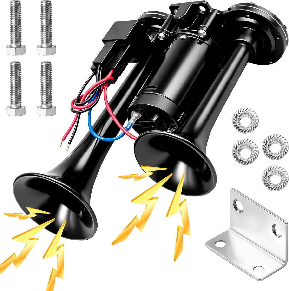 2026 Upgraded 12V 130dB Dual Air Car Horn Kit with Compressor, High-Power Loud Vehicle Horn for Trucks, SUVs, Cars & SUVs, Easy Installation, Silver & Black