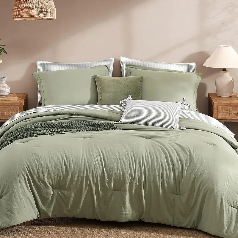 7-Piece Striped Comforter Set, Soft Microfiber Bedding Set with Matching Bed Accessories, Modern Farmhouse Coastal Style, Machine Washable