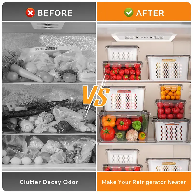 5-Pack Refrigerator Organizer Containers, Stackable Food Storage Bins with Removable Drain Colanders, BPA-Free Fresh-Keeping Containers for Fruits, Vegetables, Berries, Lettuce, Meat & Kitchen Fridge Organization