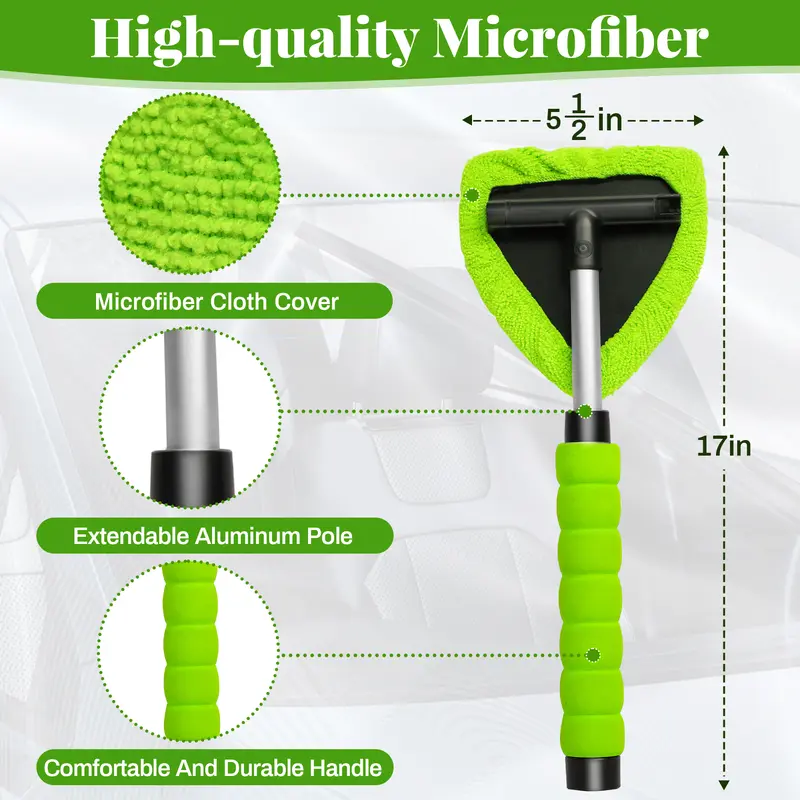This 2-piece windshield cleaning kit includes a microfiber car glass cleaner with 4 reusable and washable cleaning pads and a retractable handle, along with a car glass cleaning brush suitable for cleaning both inside and outside car windows.