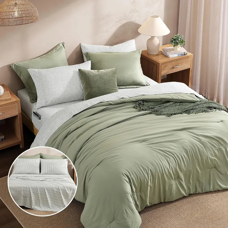 7-Piece Striped Comforter Set, Soft Microfiber Bedding Set with Matching Bed Accessories, Modern Farmhouse Coastal Style, Machine Washable