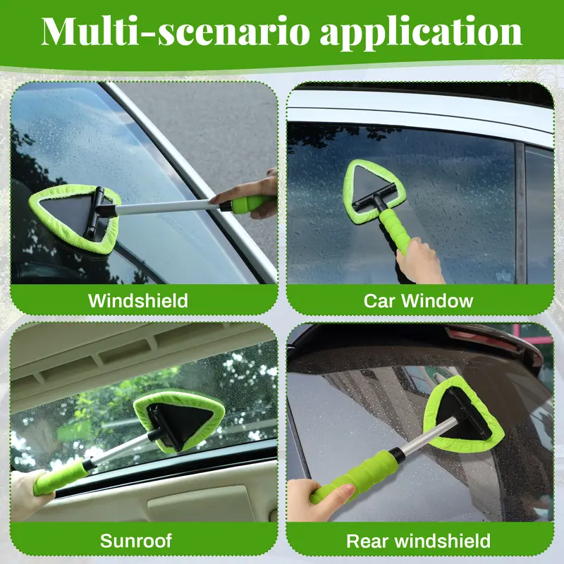 This 2-piece windshield cleaning kit includes a microfiber car glass cleaner with 4 reusable and washable cleaning pads and a retractable handle, along with a car glass cleaning brush suitable for cleaning both inside and outside car windows.