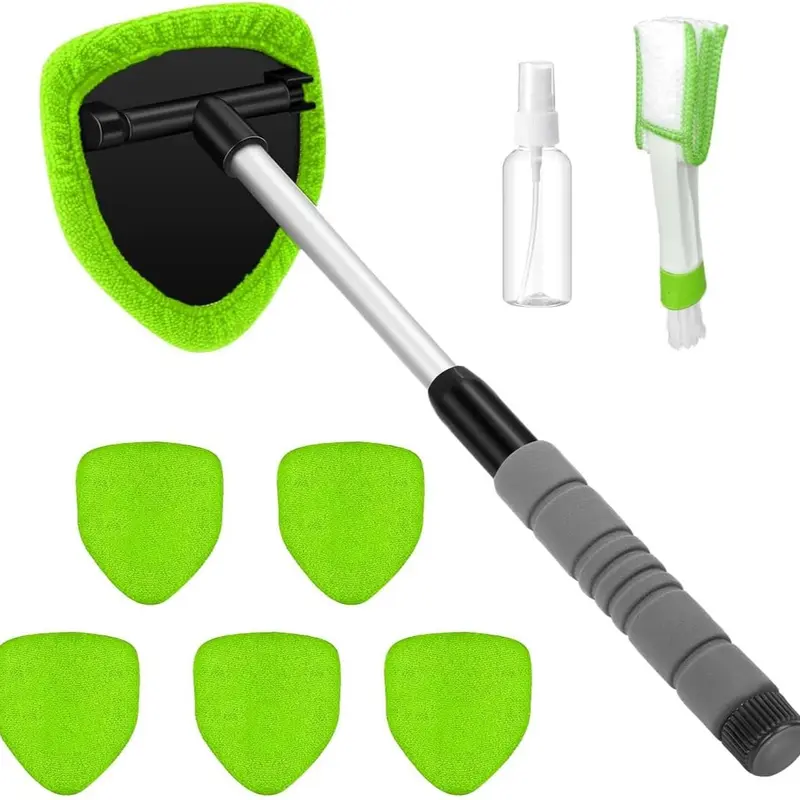 This 2-piece windshield cleaning kit includes a microfiber car glass cleaner with 4 reusable and washable cleaning pads and a retractable handle, along with a car glass cleaning brush suitable for cleaning both inside and outside car windows.