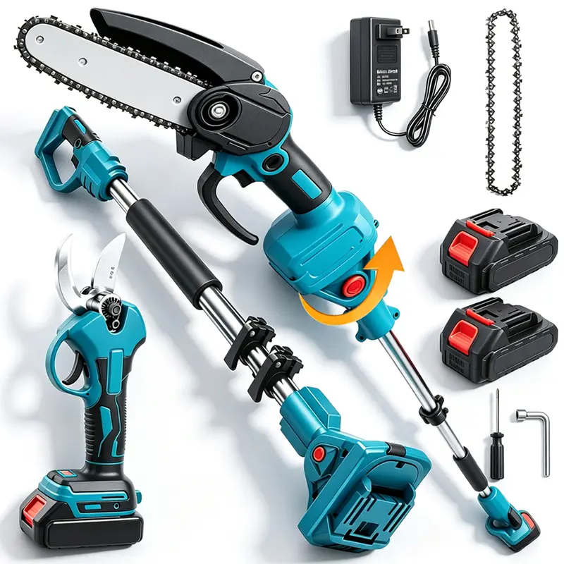 3-in-1 Cordless Pole Saw and Mini Chainsaw, Electric Tree Trimmer with Extension Pole, 2 Batteries & Garden Pruning Shears