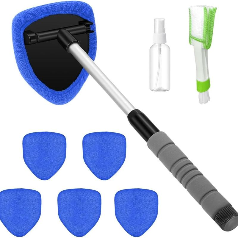 This 2-piece windshield cleaning kit includes a microfiber car glass cleaner with 4 reusable and washable cleaning pads and a retractable handle, along with a car glass cleaning brush suitable for cleaning both inside and outside car windows.