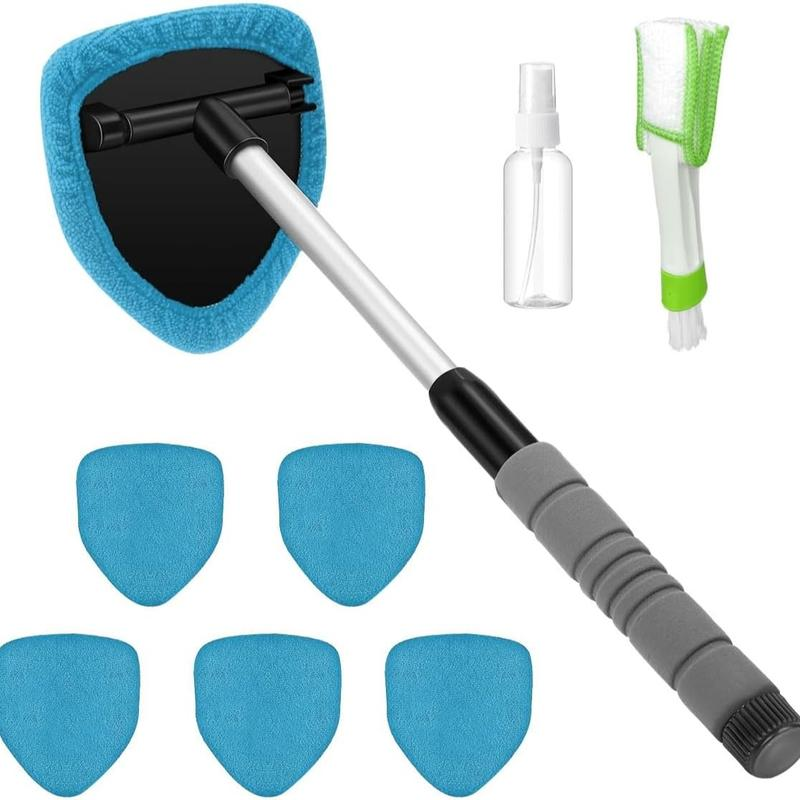 This 2-piece windshield cleaning kit includes a microfiber car glass cleaner with 4 reusable and washable cleaning pads and a retractable handle, along with a car glass cleaning brush suitable for cleaning both inside and outside car windows.