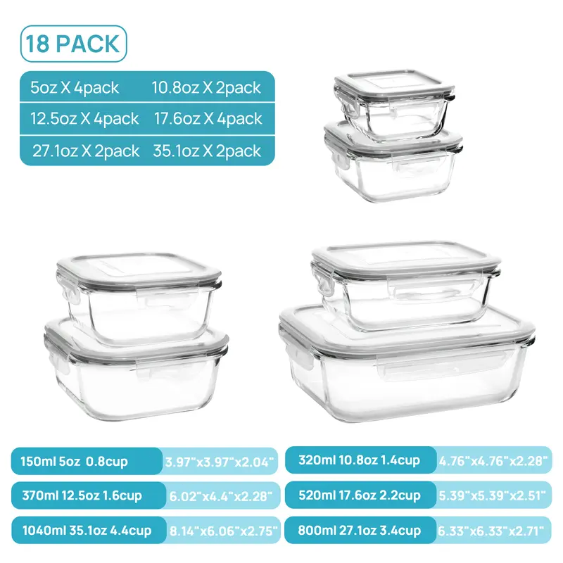 18-Pack Glass Food Storage Containers with Airtight Lids – Leakproof Meal Prep Containers, Oven Microwave Freezer & Dishwasher Safe Kitchen Storage Set for Lunch, Leftovers and Fresh Food Organization