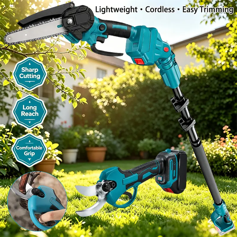 3-in-1 Cordless Pole Saw and Mini Chainsaw, Electric Tree Trimmer with Extension Pole, 2 Batteries & Garden Pruning Shears
