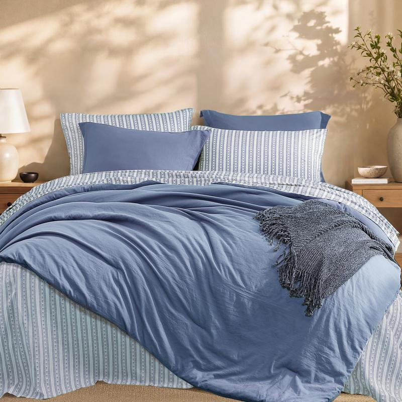 7-Piece Striped Comforter Set, Soft Microfiber Bedding Set with Matching Bed Accessories, Modern Farmhouse Coastal Style, Machine Washable