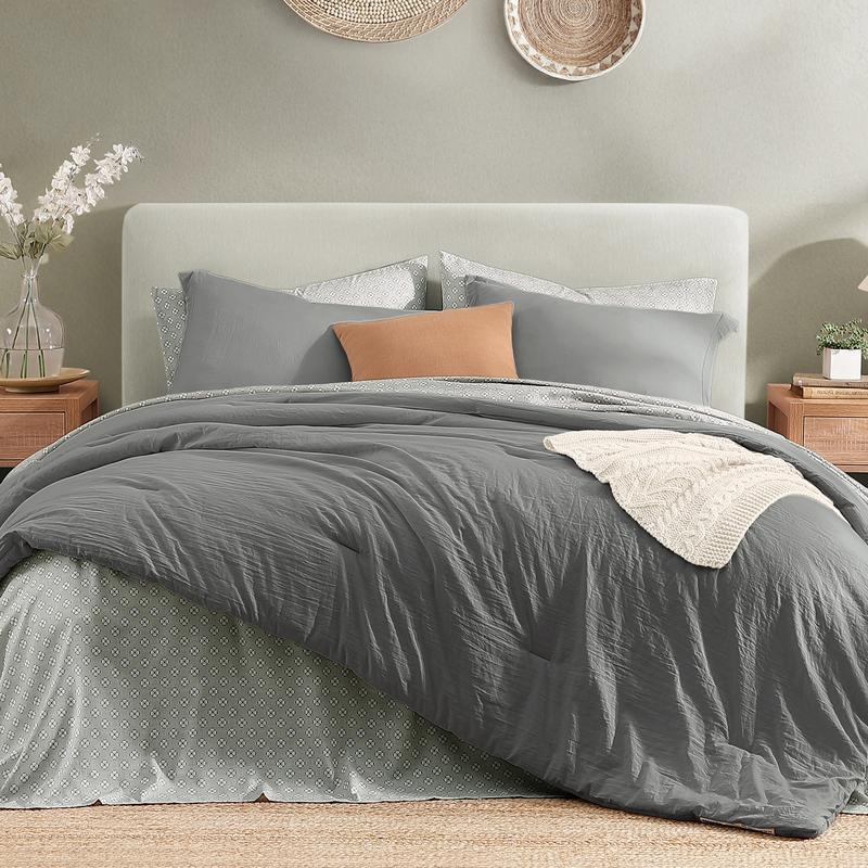 7-Piece Striped Comforter Set, Soft Microfiber Bedding Set with Matching Bed Accessories, Modern Farmhouse Coastal Style, Machine Washable