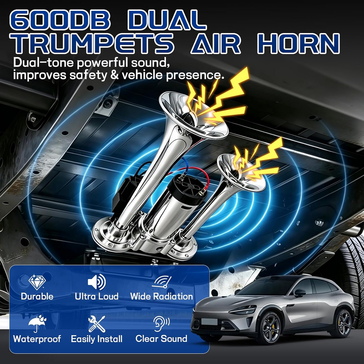 2026 Upgraded 12V 130dB Dual Air Car Horn Kit with Compressor, High-Power Loud Vehicle Horn for Trucks, SUVs, Cars & SUVs, Easy Installation, Silver & Black