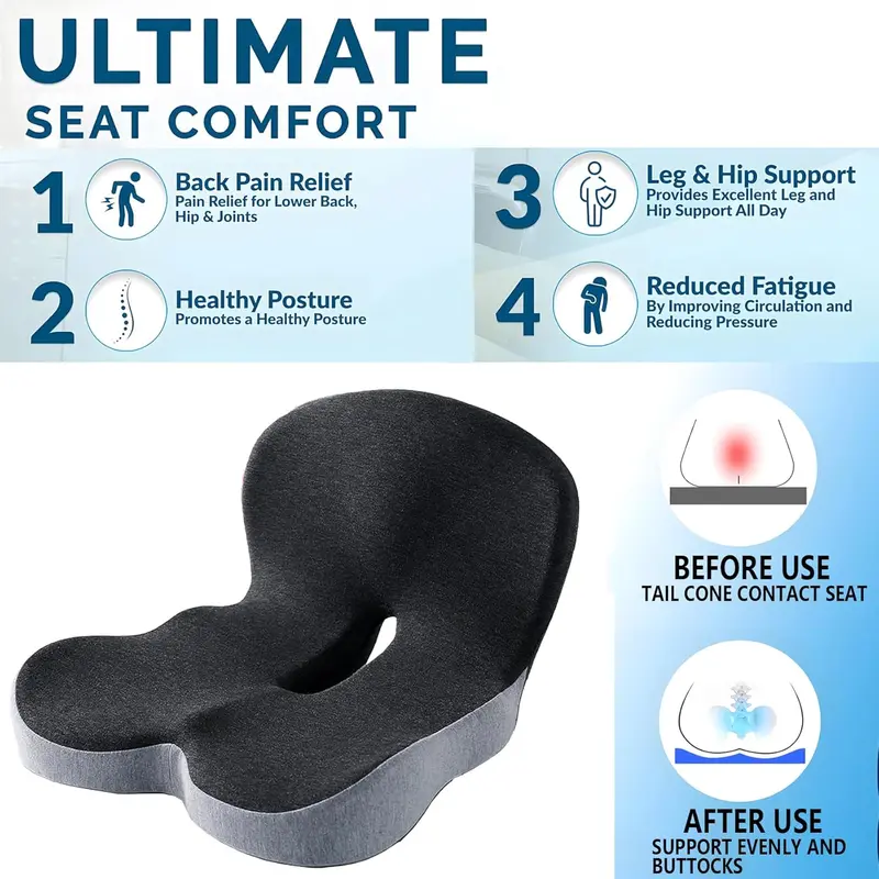 Premium Memory Foam Car Seat Cushion for Long Drives, Non-Slip Support Pad with Removable Washable Cover, Comfortable Seat Booster for Back, Hip & Leg Support, Vehicle Interior Accessory