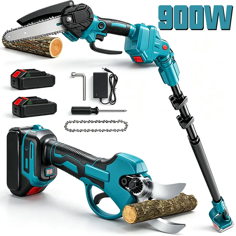 3-in-1 Cordless Pole Saw and Mini Chainsaw, Electric Tree Trimmer with Extension Pole, 2 Batteries & Garden Pruning Shears