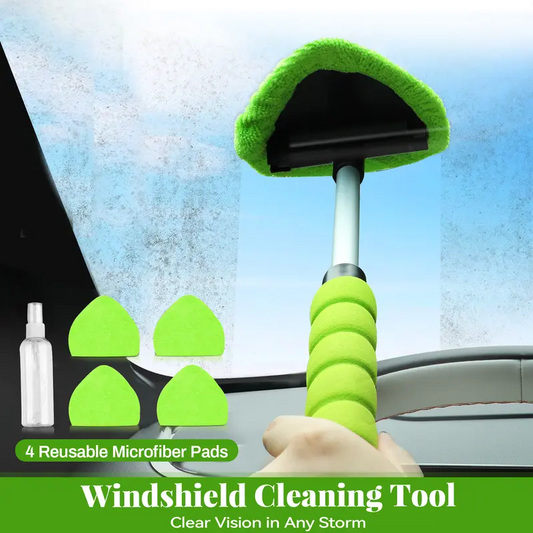 This 2-piece windshield cleaning kit includes a microfiber car glass cleaner with 4 reusable and washable cleaning pads and a retractable handle, along with a car glass cleaning brush suitable for cleaning both inside and outside car windows.