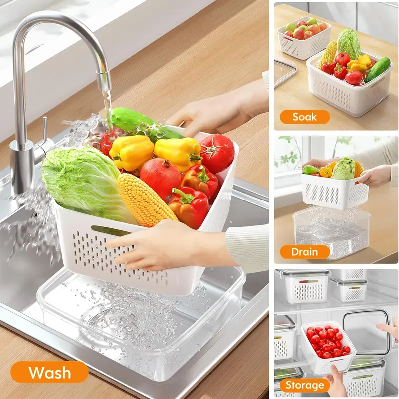 5-Pack Refrigerator Organizer Containers, Stackable Food Storage Bins with Removable Drain Colanders, BPA-Free Fresh-Keeping Containers for Fruits, Vegetables, Berries, Lettuce, Meat & Kitchen Fridge Organization
