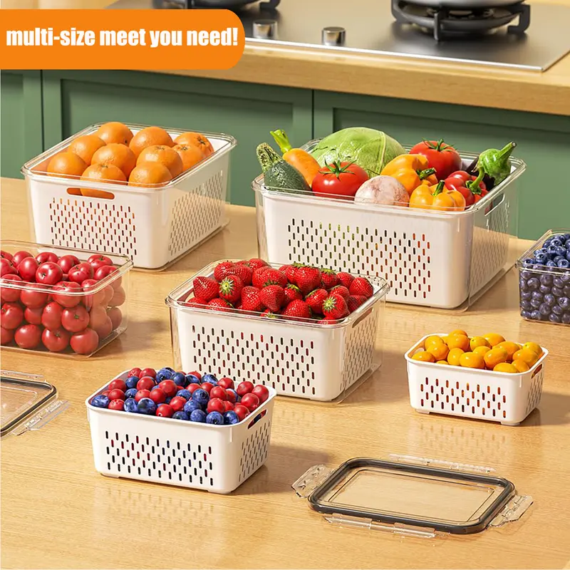 5-Pack Refrigerator Organizer Containers, Stackable Food Storage Bins with Removable Drain Colanders, BPA-Free Fresh-Keeping Containers for Fruits, Vegetables, Berries, Lettuce, Meat & Kitchen Fridge Organization
