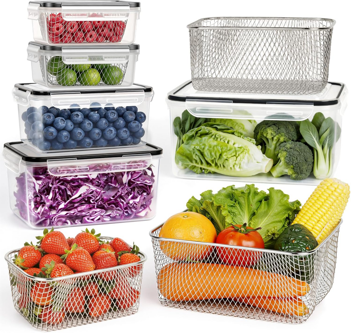 5-Pack Refrigerator Organizer Containers, Stackable Food Storage Bins with Removable Drain Colanders, BPA-Free Fresh-Keeping Containers for Fruits, Vegetables, Berries, Lettuce, Meat & Kitchen Fridge Organization