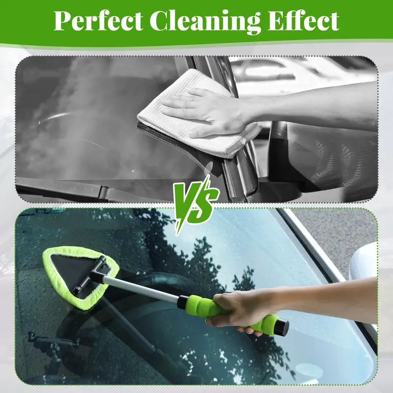 This 2-piece windshield cleaning kit includes a microfiber car glass cleaner with 4 reusable and washable cleaning pads and a retractable handle, along with a car glass cleaning brush suitable for cleaning both inside and outside car windows.