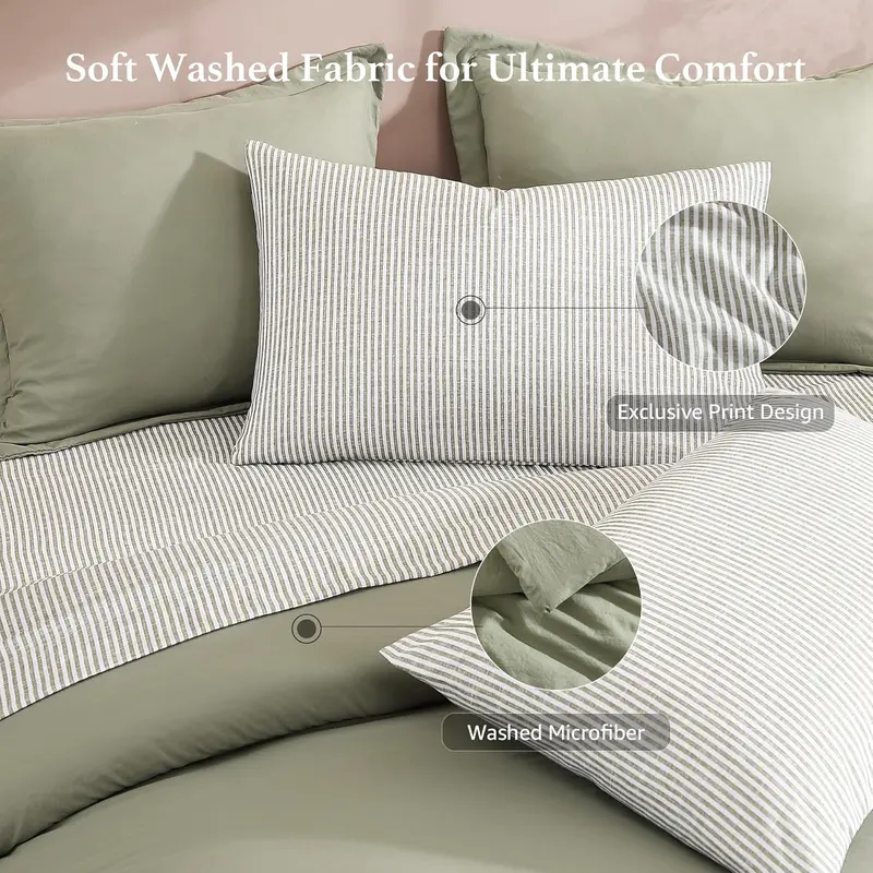 7-Piece Striped Comforter Set, Soft Microfiber Bedding Set with Matching Bed Accessories, Modern Farmhouse Coastal Style, Machine Washable