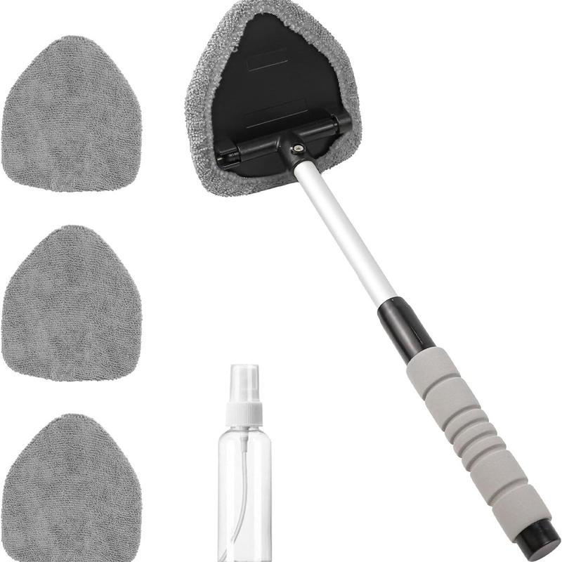 This 2-piece windshield cleaning kit includes a microfiber car glass cleaner with 4 reusable and washable cleaning pads and a retractable handle, along with a car glass cleaning brush suitable for cleaning both inside and outside car windows.