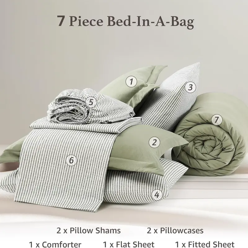 7-Piece Striped Comforter Set, Soft Microfiber Bedding Set with Matching Bed Accessories, Modern Farmhouse Coastal Style, Machine Washable