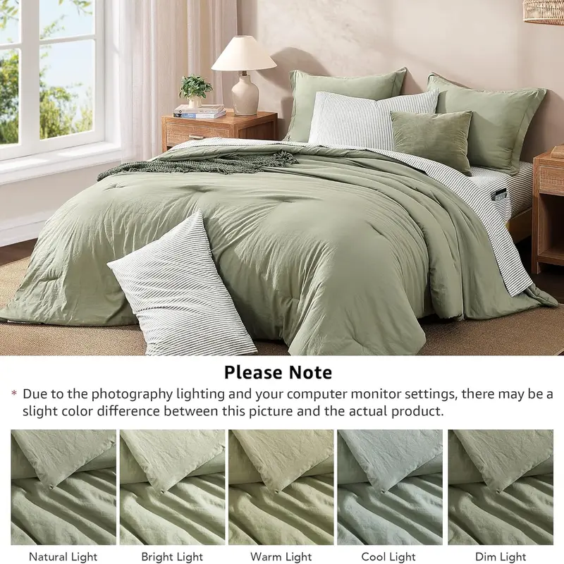 7-Piece Striped Comforter Set, Soft Microfiber Bedding Set with Matching Bed Accessories, Modern Farmhouse Coastal Style, Machine Washable