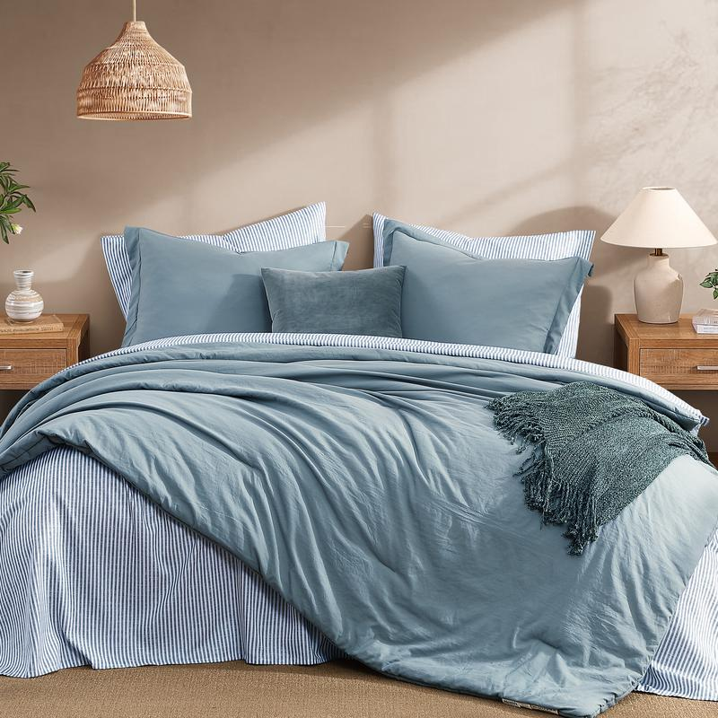 7-Piece Striped Comforter Set, Soft Microfiber Bedding Set with Matching Bed Accessories, Modern Farmhouse Coastal Style, Machine Washable