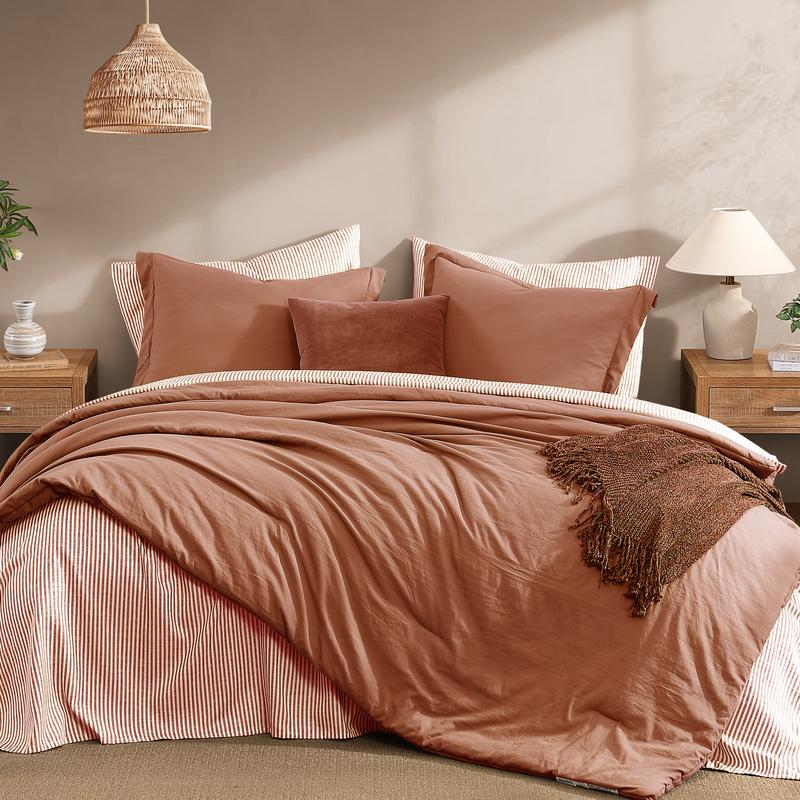 7-Piece Striped Comforter Set, Soft Microfiber Bedding Set with Matching Bed Accessories, Modern Farmhouse Coastal Style, Machine Washable