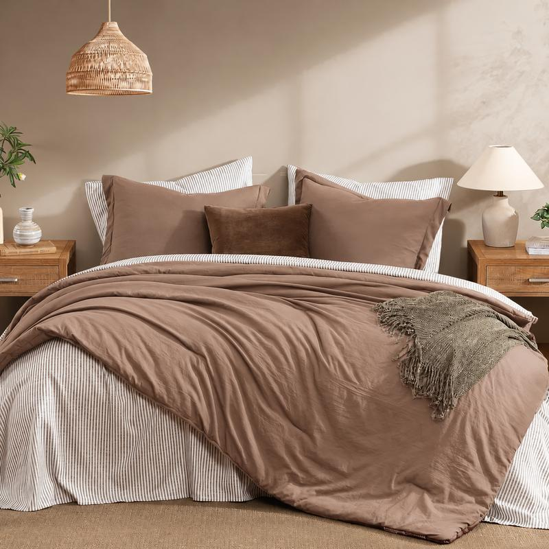 7-Piece Striped Comforter Set, Soft Microfiber Bedding Set with Matching Bed Accessories, Modern Farmhouse Coastal Style, Machine Washable