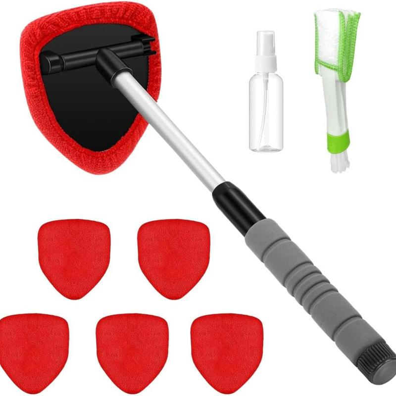 This 2-piece windshield cleaning kit includes a microfiber car glass cleaner with 4 reusable and washable cleaning pads and a retractable handle, along with a car glass cleaning brush suitable for cleaning both inside and outside car windows.