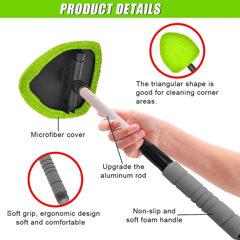 This 2-piece windshield cleaning kit includes a microfiber car glass cleaner with 4 reusable and washable cleaning pads and a retractable handle, along with a car glass cleaning brush suitable for cleaning both inside and outside car windows.