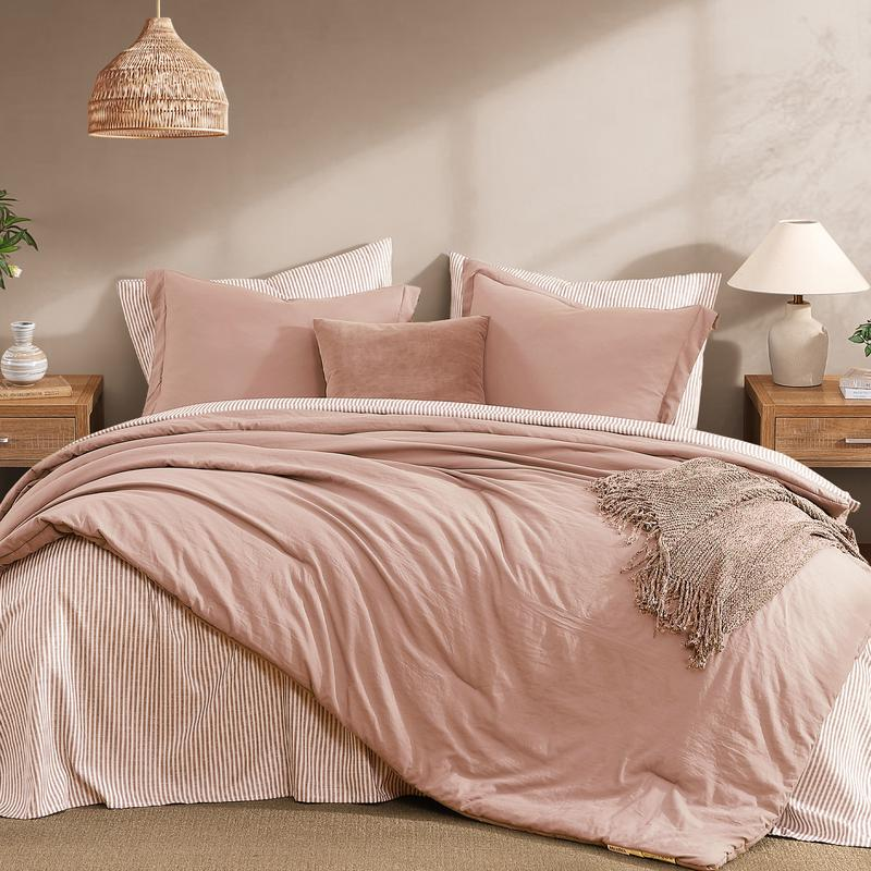 7-Piece Striped Comforter Set, Soft Microfiber Bedding Set with Matching Bed Accessories, Modern Farmhouse Coastal Style, Machine Washable