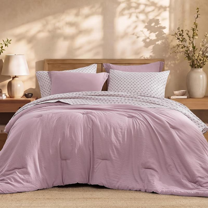7-Piece Striped Comforter Set, Soft Microfiber Bedding Set with Matching Bed Accessories, Modern Farmhouse Coastal Style, Machine Washable
