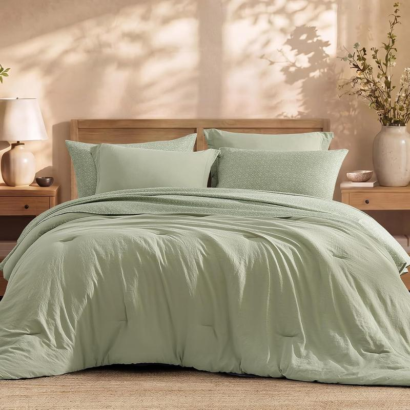 7-Piece Striped Comforter Set, Soft Microfiber Bedding Set with Matching Bed Accessories, Modern Farmhouse Coastal Style, Machine Washable