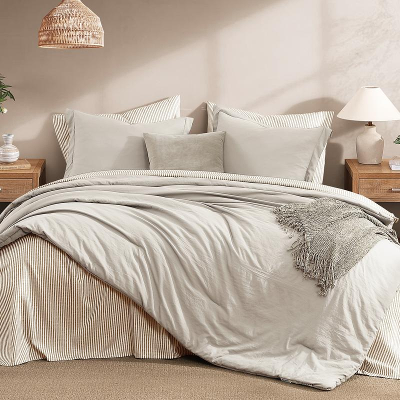 7-Piece Striped Comforter Set, Soft Microfiber Bedding Set with Matching Bed Accessories, Modern Farmhouse Coastal Style, Machine Washable