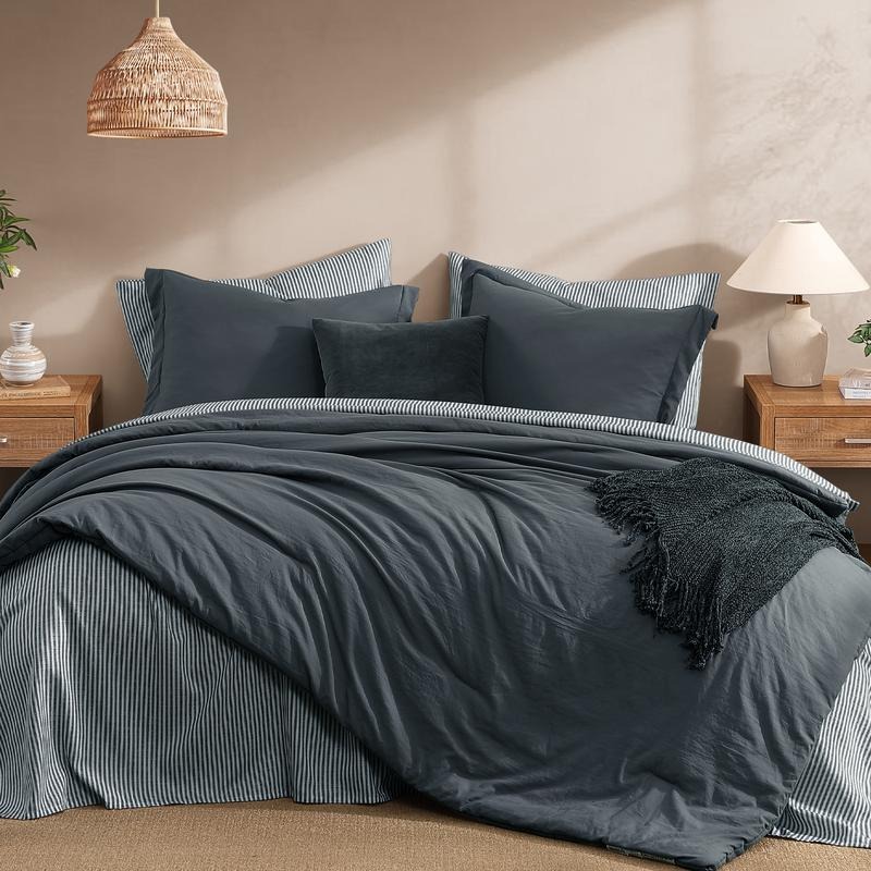 7-Piece Striped Comforter Set, Soft Microfiber Bedding Set with Matching Bed Accessories, Modern Farmhouse Coastal Style, Machine Washable