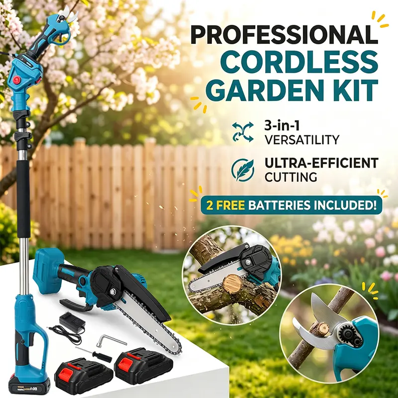 3-in-1 Cordless Pole Saw and Mini Chainsaw, Electric Tree Trimmer with Extension Pole, 2 Batteries & Garden Pruning Shears