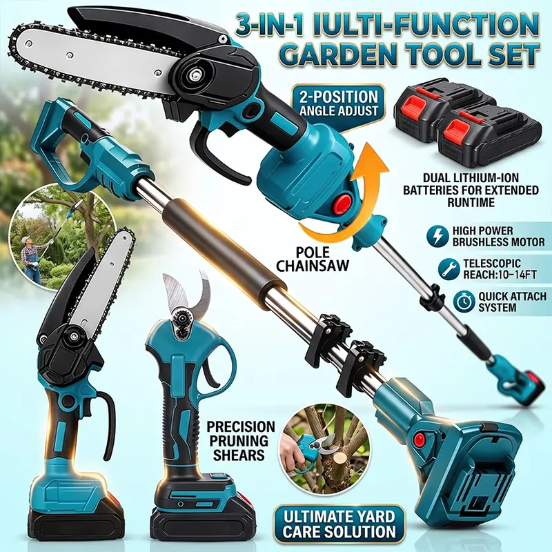 3-in-1 Cordless Pole Saw and Mini Chainsaw, Electric Tree Trimmer with Extension Pole, 2 Batteries & Garden Pruning Shears