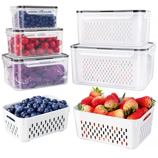 5-Pack Refrigerator Organizer Containers, Stackable Food Storage Bins with Removable Drain Colanders, BPA-Free Fresh-Keeping Containers for Fruits, Vegetables, Berries, Lettuce, Meat & Kitchen Fridge Organization