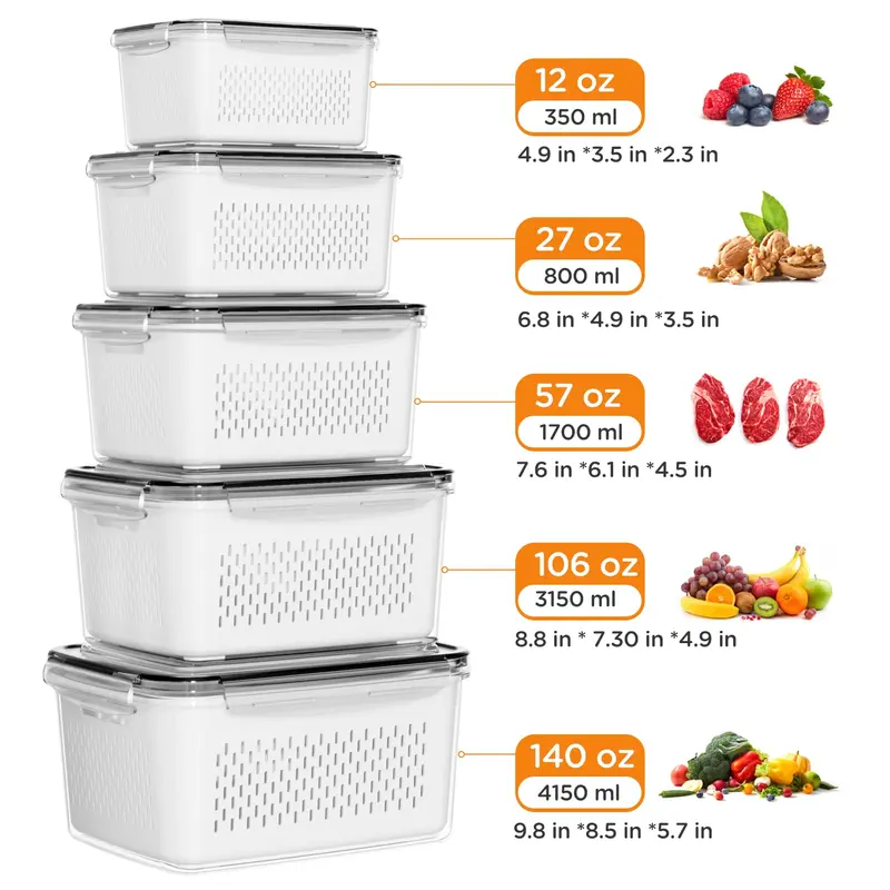 5-Pack Refrigerator Organizer Containers, Stackable Food Storage Bins with Removable Drain Colanders, BPA-Free Fresh-Keeping Containers for Fruits, Vegetables, Berries, Lettuce, Meat & Kitchen Fridge Organization